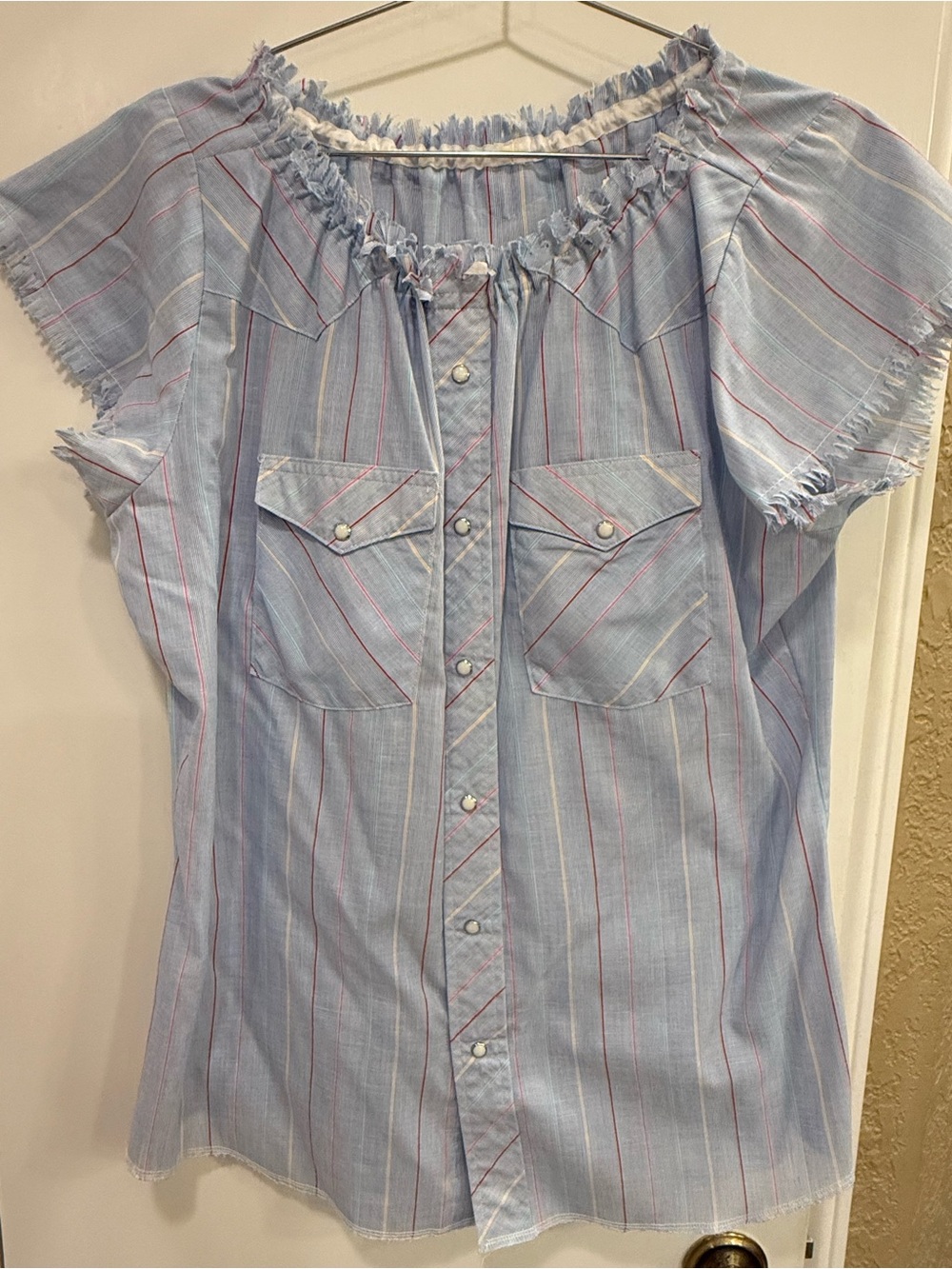 Women's Light Blue Striped Button-Front Shirt with Frayed Trim